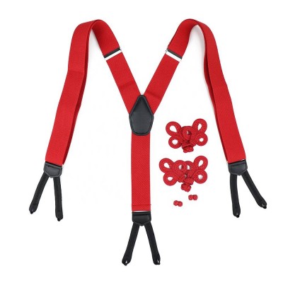 Beautiful Solid Color Frog Button Knot Cufflink Red Wedding Matching Elastic Y-back Cheap Suspender Set For Men